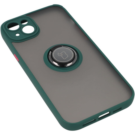 Etui z uchwytem na palec Bizon Case Hybrid Ring do iPhone 14 Plus, przydymione z ciemnozieloną ramką