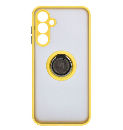 Etui z uchwytem na palec Bizon Case Hybrid Ring do Galaxy A25 5G, przydymione z żółtą ramką