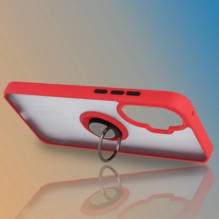 Etui z uchwytem na palec Bizon Case Hybrid Ring do Xiaomi POCO F7, przydymione z czerwoną ramką