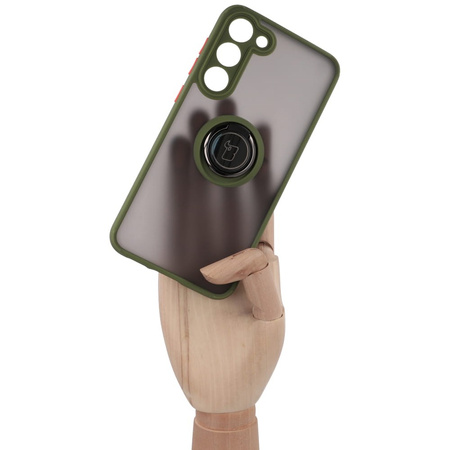 Etui z uchwytem na palec Bizon Case Hybrid Ring do Galaxy S23 Plus, przydymione z zieloną ramką