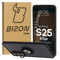 Etui z uchwytem na palec Bizon Case Hybrid Ring do Galaxy S25 Edge, przydymione z czarną ramką
