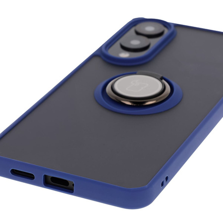 Etui z uchwytem na palec Bizon Case Hybrid Ring do Galaxy S25 Edge, przydymione z granatową ramką