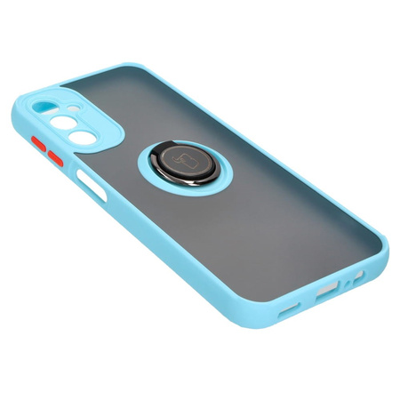 Etui z uchwytem na palec Bizon Case Hybrid Ring do Galaxy A14 4G / 5G, przydymione z jasnoniebieską ramką