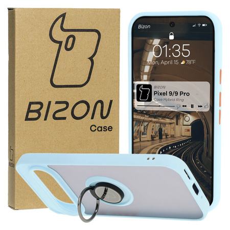 Etui z uchwytem na palec Bizon Case Hybrid Ring do Google Pixel 9 / 9 Pro, przydymione z jasnoniebieską ramką