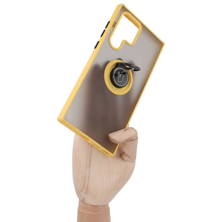Etui z uchwytem na palec Bizon Case Hybrid Ring do Galaxy S22 Ultra, przydymione z żółtą ramką