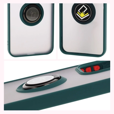 Etui z uchwytem na palec Bizon Case Hybrid Ring do Oppo Reno13, przydymione z ciemnozieloną ramką