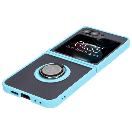 Etui z uchwytem na palec Bizon Case Hybrid Ring do Galaxy Z Flip6, przydymione z jasnoniebieską ramką