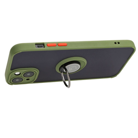 Etui z uchwytem na palec Bizon Case Hybrid Ring do iPhone 15 Plus, przydymione z zieloną ramką