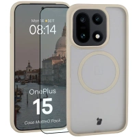 Etui z pierścieniem magnetycznym + szkło hartowane Bizon MatteO Pack do OnePlus 15, przydymione-beżowe