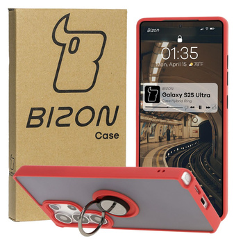 Etui z uchwytem na palec Bizon Case Hybrid Ring do Galaxy S25 Ultra, przydymione z czerwoną ramką