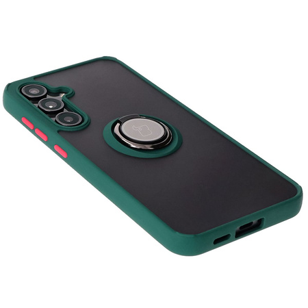 Etui z uchwytem na palec Bizon Case Hybrid Ring do Galaxy S24 FE, przydymione z ciemnozieloną ramką