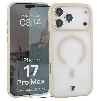 Etui z pierścieniem magnetycznym + szkło hartowane Bizon MatteO Pack do iPhone 17 Pro Max, przydymione-beżowe