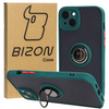 Etui z uchwytem na palec Bizon Case Hybrid Ring do iPhone 15 Plus, przydymione z ciemnozieloną ramką