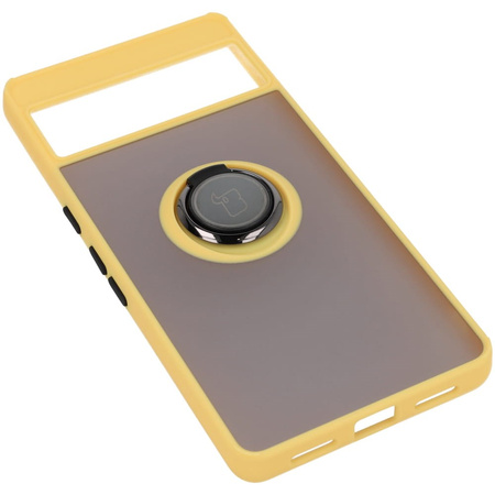 Etui z uchwytem na palec Bizon Case Hybrid Ring do Google Pixel 7 Pro, przydymione z żółtą ramką