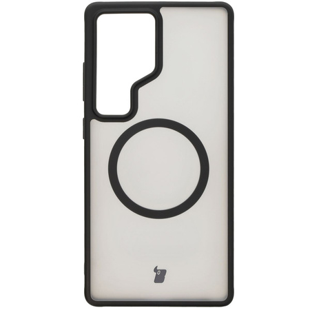 Etui z pierścieniem magnetycznym Bizon Case MatteO do Galaxy S25 Ultra, półprzezroczyste z czarną ramką