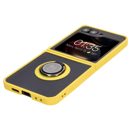 Etui z uchwytem na palec Bizon Case Hybrid Ring do Galaxy Z Flip6, przydymione z żółtą ramką
