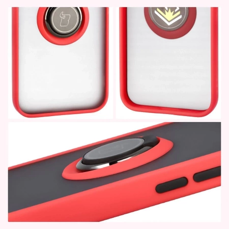 Etui z uchwytem na palec Bizon Case Hybrid Ring do iPhone 16e, przydymione z czerwoną ramką