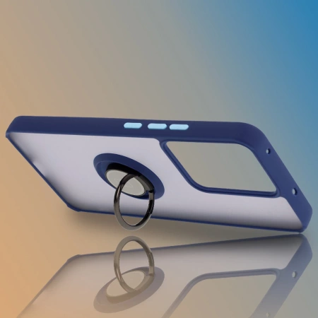 Etui z uchwytem na palec Bizon Case Hybrid Ring do Realme 14 5G / 14T 5G, przydymione z granatową ramką