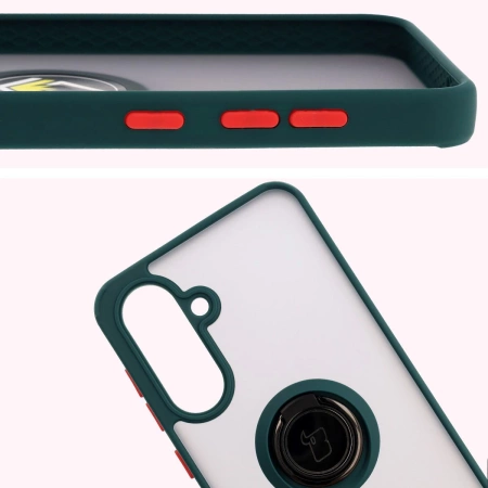 Etui z uchwytem na palec Bizon Case Hybrid Ring do Galaxy A36 5G, przydymione z ciemnozieloną ramką