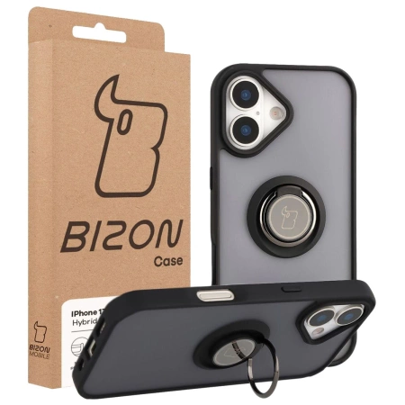 Etui z uchwytem na palec Bizon Case Hybrid Ring do iPhone 17, przydymione z czarną ramką