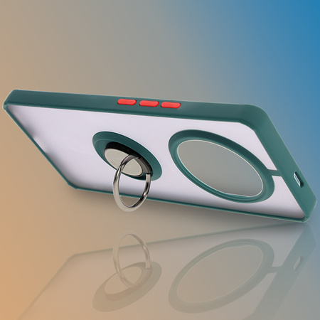 Etui z uchwytem na palec Bizon Case Hybrid Ring do Honor Magic7 Lite, przydymione z ciemnozieloną ramką