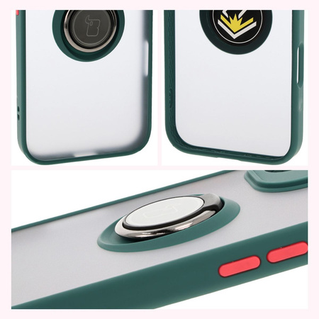 Etui z uchwytem na palec Bizon Case Hybrid Ring do iPhone 16, przydymione z ciemnozieloną ramką