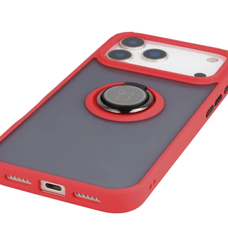 Etui z uchwytem na palec Bizon Case Hybrid Ring do iPhone 17 Pro Max, przydymione z czerwoną ramką