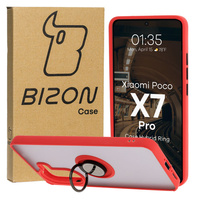 Etui z uchwytem na palec Bizon Case Hybrid Ring do Xiaomi Poco X7 Pro, przydymione z czerwoną ramką