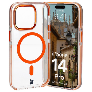 Etui z pierścieniem magnetycznym Bizon Case Marco do iPhone 14 Pro, przezroczyste z pomarańczową ramką