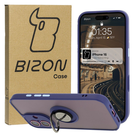 Etui z uchwytem na palec Bizon Case Hybrid Ring do iPhone 16, przydymione z granatową ramką