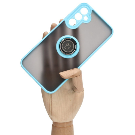 Etui z uchwytem na palec Bizon Case Hybrid Ring do Galaxy A34 5G, przydymione z jasnoniebieską ramką