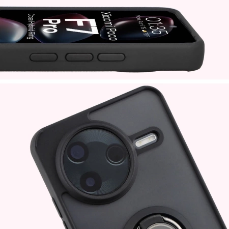 Etui z uchwytem na palec Bizon Case Hybrid Ring do Xiaomi POCO F7 Pro, przydymione z czarną ramką