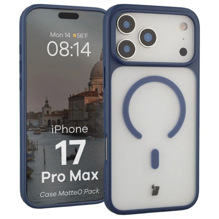 Etui z pierścieniem magnetycznym + szkło hartowane Bizon MatteO Pack do iPhone 17 Pro Max, przydymione-granatowe