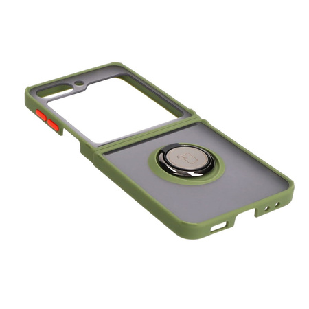 Etui z uchwytem na palec Bizon Case Hybrid Ring do Galaxy Z Flip5, przydymione z zieloną ramką