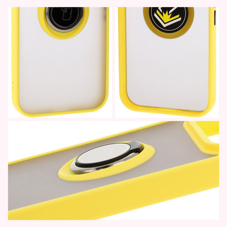 Etui z uchwytem na palec Bizon Case Hybrid Ring do Google Pixel 9 / 9 Pro, przydymione z żółtą ramką