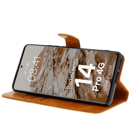 Etui z klapką Bizon Case Pocket do Xiaomi Redmi Note 14 Pro 4G, brązowe