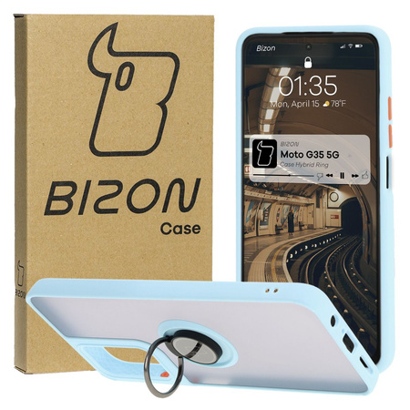 Etui z uchwytem na palec Bizon Case Hybrid Ring do Motorola Moto G35 5G, przydymione z jasnoniebieską ramką