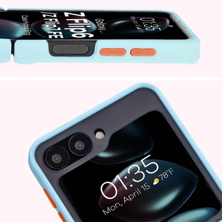 Etui z uchwytem na palec Bizon Case Hybrid Ring do Galaxy Z Flip7 FE / Z Flip6, przydymione z jasnoniebieską ramką