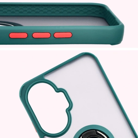 Etui z uchwytem na palec Bizon Case Hybrid Ring do Xiaomi POCO F7, przydymione z ciemnozieloną ramką