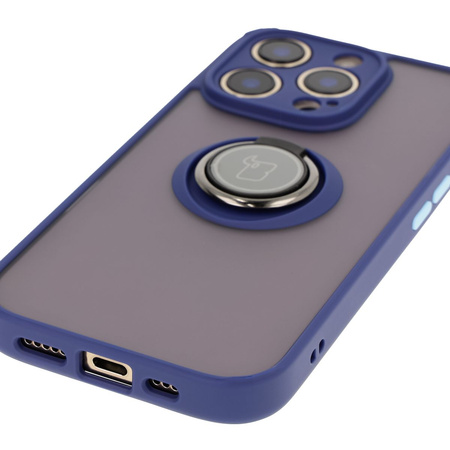 Etui z uchwytem na palec Bizon Case Hybrid Ring do iPhone 16 Pro, przydymione z granatową ramką