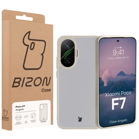 Etui Bizon Case Angelo do Xiaomi POCO F7, półprzezroczyste z beżową ramką