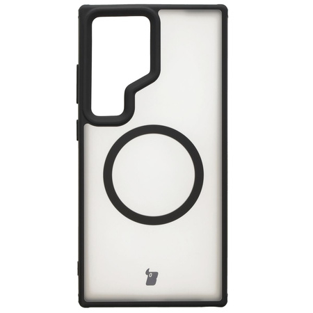 Etui z pierścieniem magnetycznym Bizon Case MatteO do Galaxy S24 Ultra, półprzezroczyste z czarną ramką