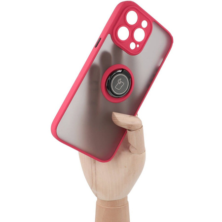 Etui z uchwytem na palec Bizon Case Hybrid Ring do iPhone 14 Pro Max, przydymione z czerwoną ramką