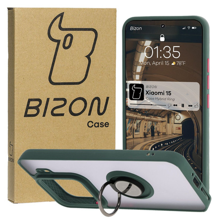 Etui z uchwytem na palec Bizon Case Hybrid Ring do Xiaomi 15, przydymione z ciemnozieloną ramką