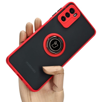 Etui z uchwytem na palec Bizon Case Hybrid Ring do Motorola Moto G42 , przydymione z czerwoną ramką