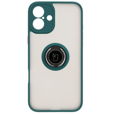 Etui z uchwytem na palec Bizon Case Hybrid Ring do iPhone 16 Plus, przydymione z ciemnozieloną ramką