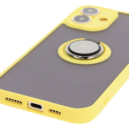 Etui z uchwytem na palec Bizon Case Hybrid Ring do iPhone 16 Plus, przydymione z żółtą ramką