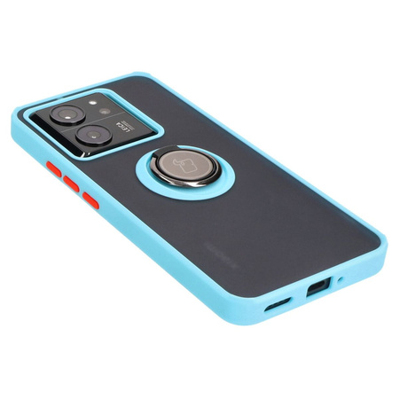 Etui z uchwytem na palec Bizon Case Hybrid Ring do Xiaomi 13T Pro / 13T, przydymione z jasnoniebieską ramką