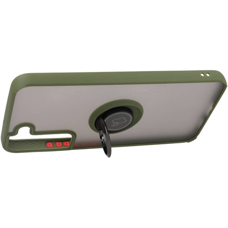 Etui z uchwytem na palec Bizon Case Hybrid Ring do Galaxy S22 Plus, przydymione z zieloną ramką