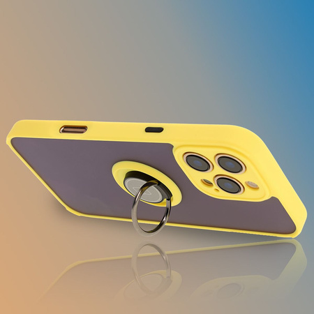 Etui z uchwytem na palec Bizon Case Hybrid Ring do iPhone 16 Pro Max, przydymione z żółtą ramką